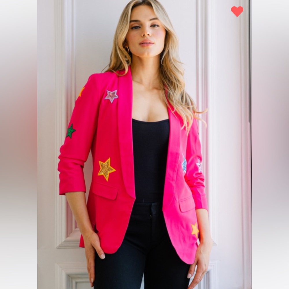 B126🌸Stunning sequin star hot pink blazer w/3/4 ruched sleeves-classy+ sassy!🌸 - Picture 2 of 11